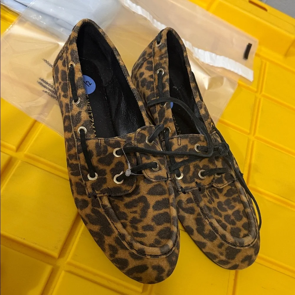 STUART WEITZMAN TINSLEY LEOPARD BOAT SHOES -‎ BROWN/BLACK Size 6.5